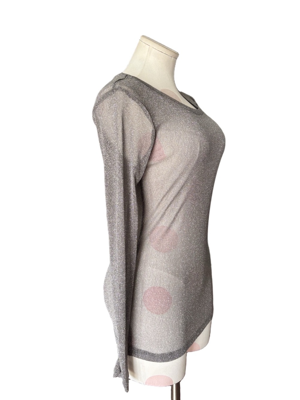 Sheer Metallic Shimmer Top - Silver Lurex Knit - Long Sleeve - small - Picture 2 of 5